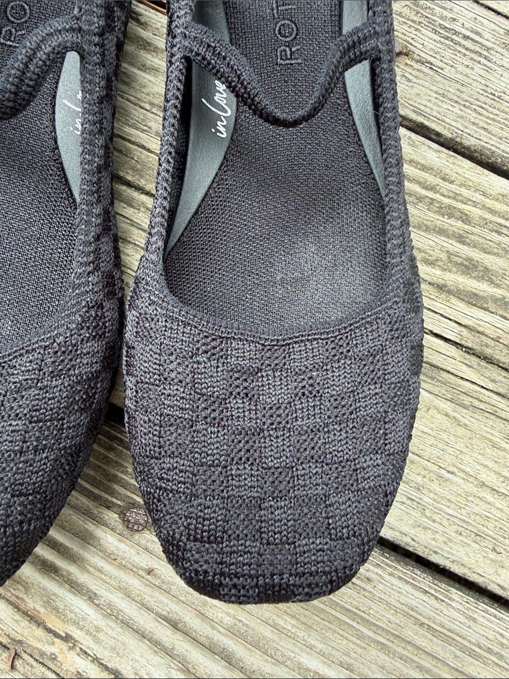 Rothy's Black Knit Flats with Royal Blue Heel Tabs - Picture 2 of 7
